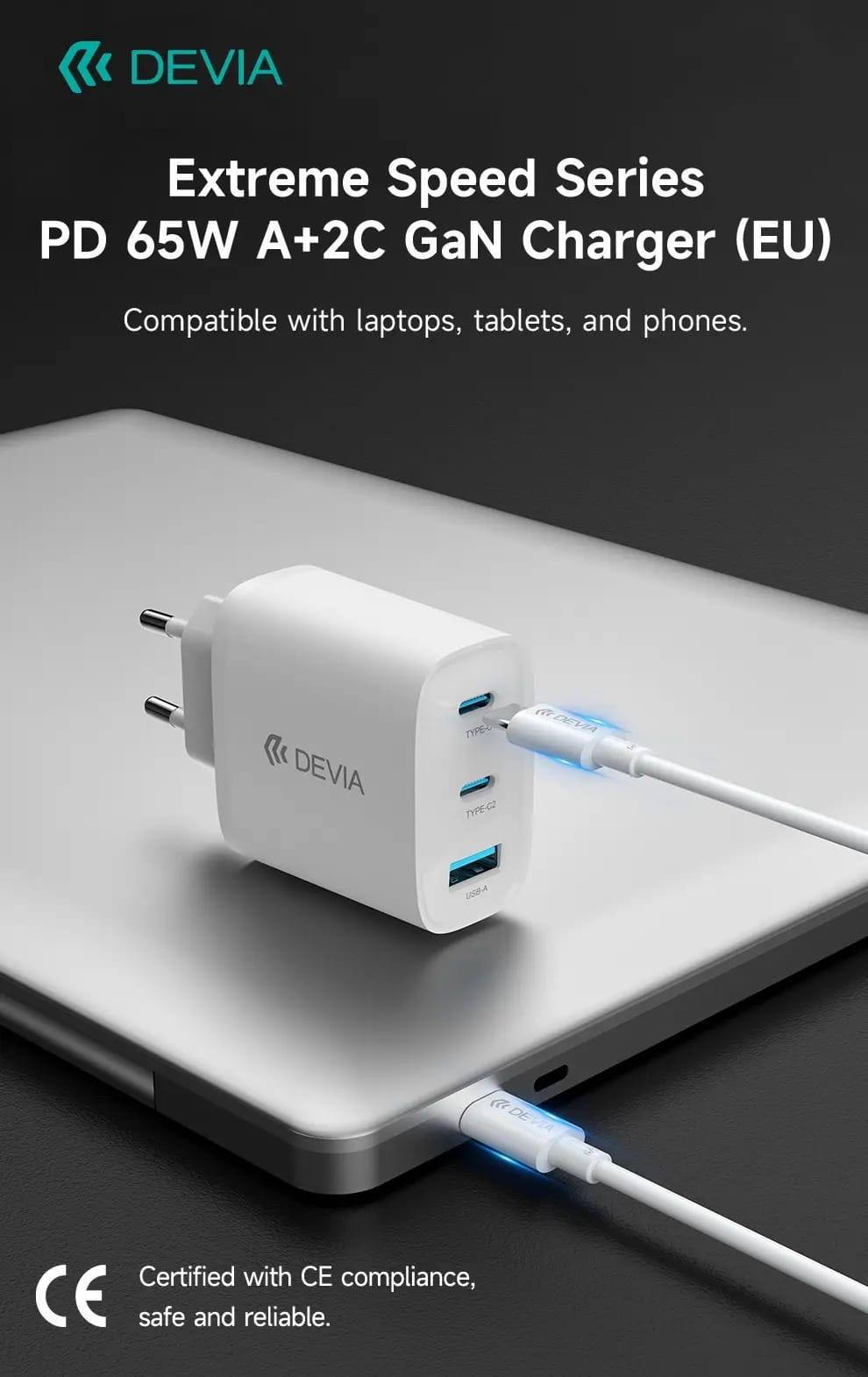 CHARGEUR DEVIA PD 65W A+2C GaN AVEC CÂBLE